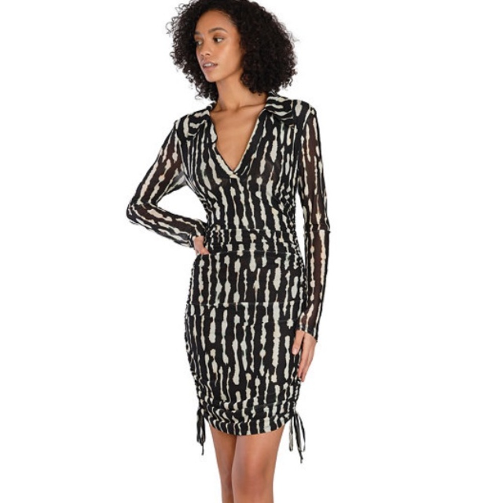NWT Bar III Nicole Williams English Printed Drawstring Mesh Dress SZ M BLK/TAN